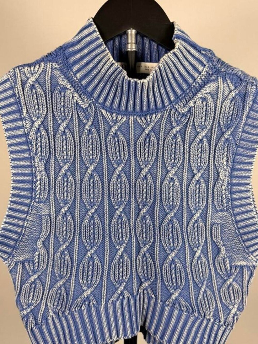 Marled Blue White Cable Knit Mock Neck Sweater Vest